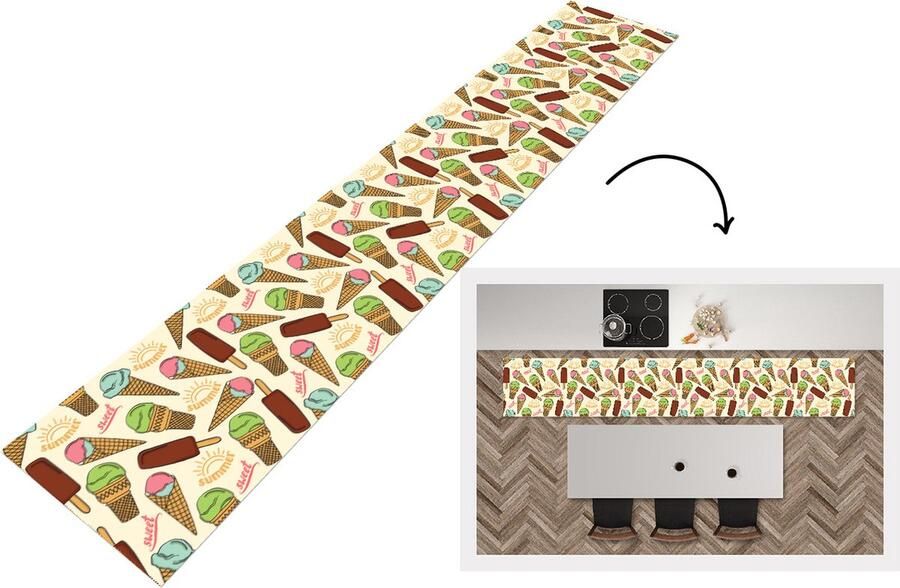 KitchenYeah Keukenloper Keukenmat Eten Patroon IJs 360x60 cm Keuken vloerkleed