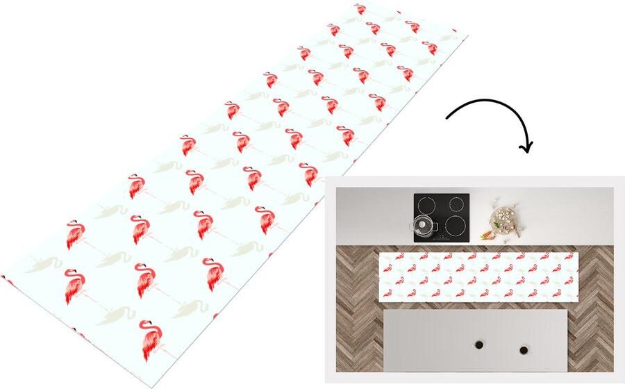 KitchenYeah Keukenloper Loper keuken Flamingo Dieren Patronen 240x60 cm Keukenloper vinyl