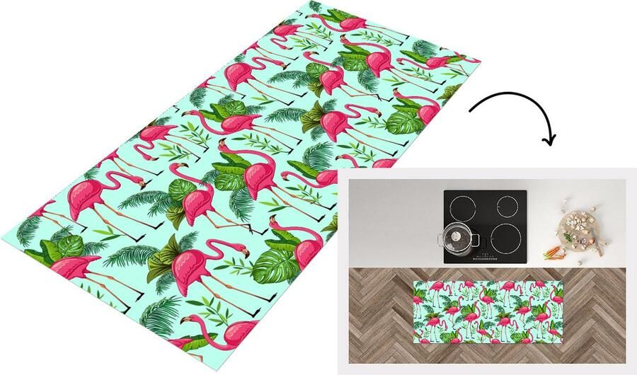 KitchenYeah Keukenloper Loper keuken Flamingo Jungle Tropisch Dieren Patroon 120x50 cm Keukenloper vinyl