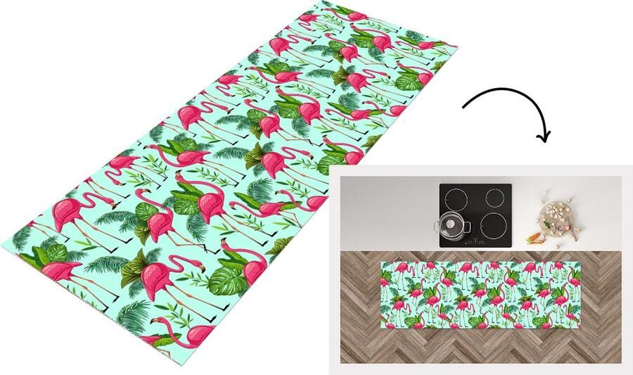 KitchenYeah Keukenloper Loper keuken Flamingo Jungle Tropisch Dieren Patroon 180x60 cm Keukenloper vinyl