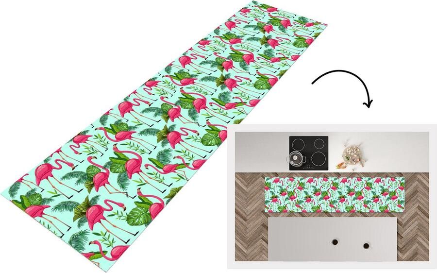 KitchenYeah Keukenloper Loper keuken Flamingo Jungle Tropisch Dieren Patroon 240x60 cm Keukenloper vinyl