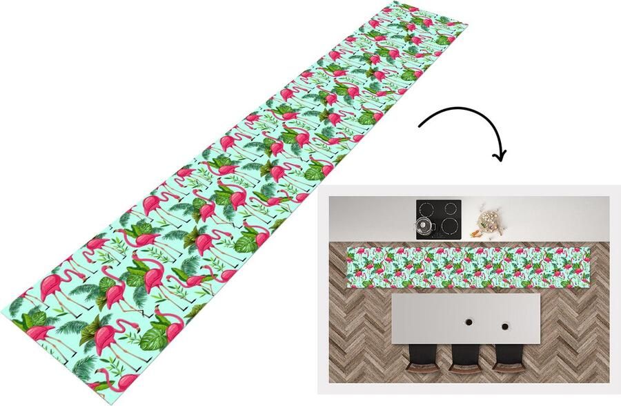 KitchenYeah Keukenloper Loper keuken Flamingo Jungle Tropisch Dieren Patroon 300x50 cm Keukenloper vinyl