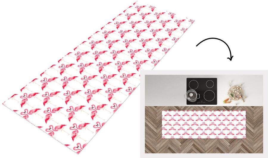 KitchenYeah Keukenloper Loper keuken Flamingo Patronen Roze Jungle 180x60 cm Keukenloper vinyl
