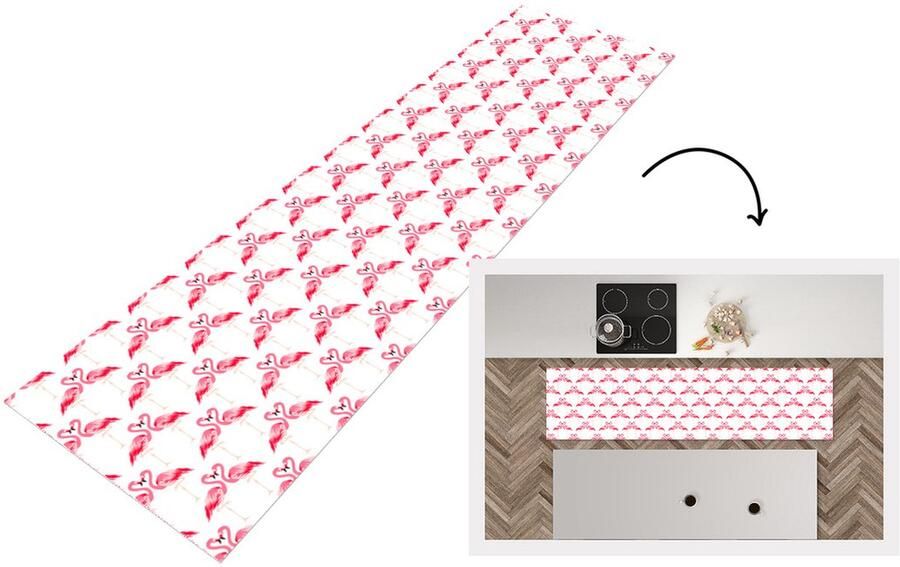 KitchenYeah Keukenloper Loper keuken Flamingo Patronen Roze Jungle 240x60 cm Keukenloper vinyl
