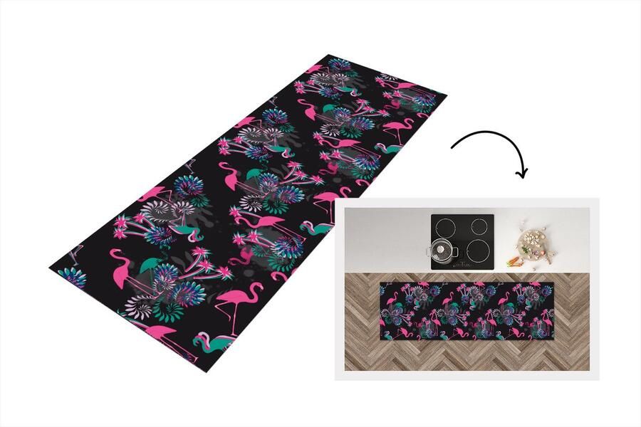 KitchenYeah Keukenloper Loper keuken Flamingo Patroon Roze Jungle 150x50 cm Keukenloper vinyl