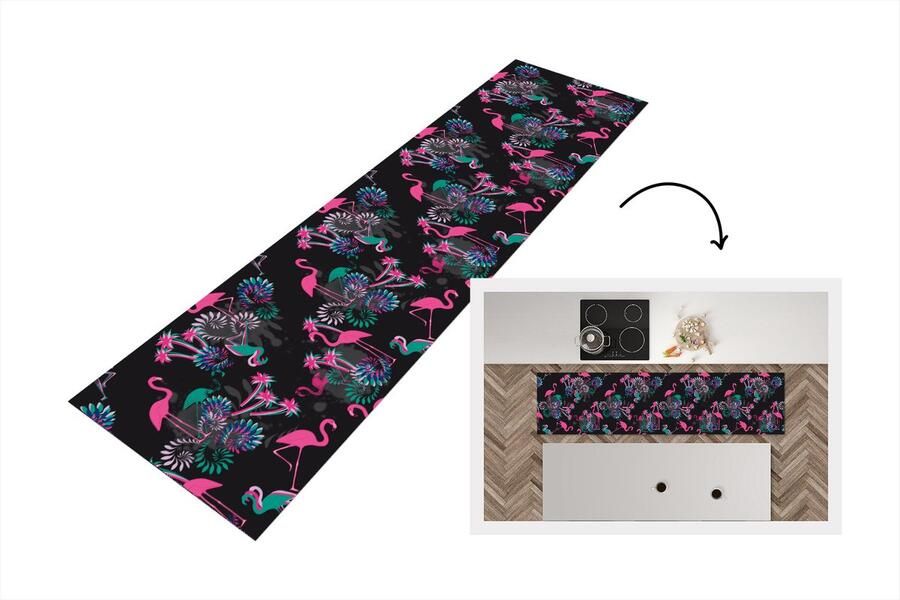 KitchenYeah Keukenloper Loper keuken Flamingo Patroon Roze Jungle 240x60 cm Keukenloper vinyl