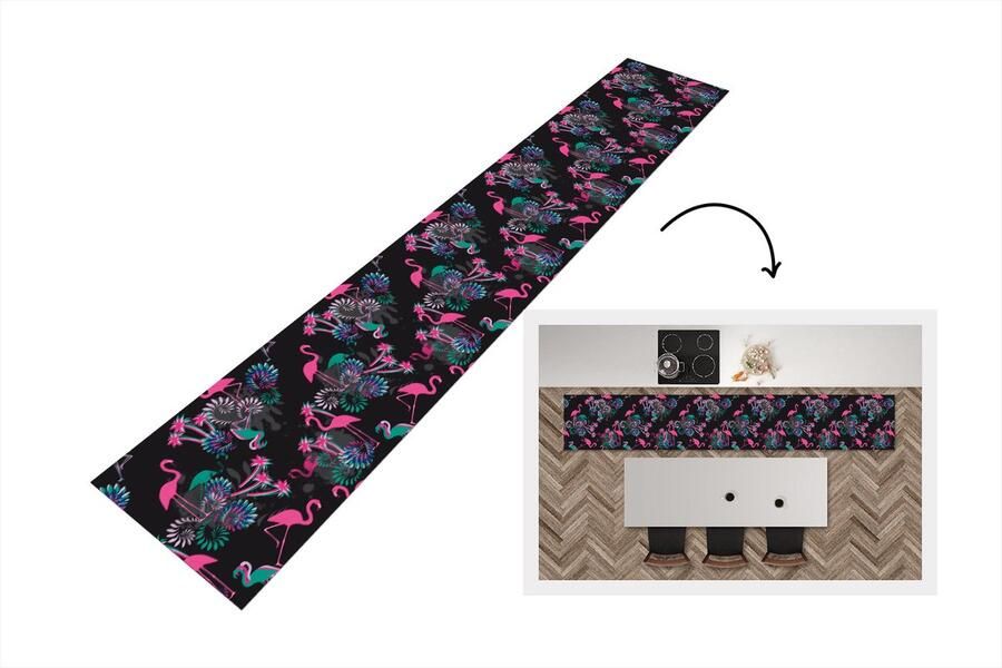 KitchenYeah Keukenloper Keukenmat Flamingo Patroon Roze Jungle 360x60 cm Keuken vloerkleed