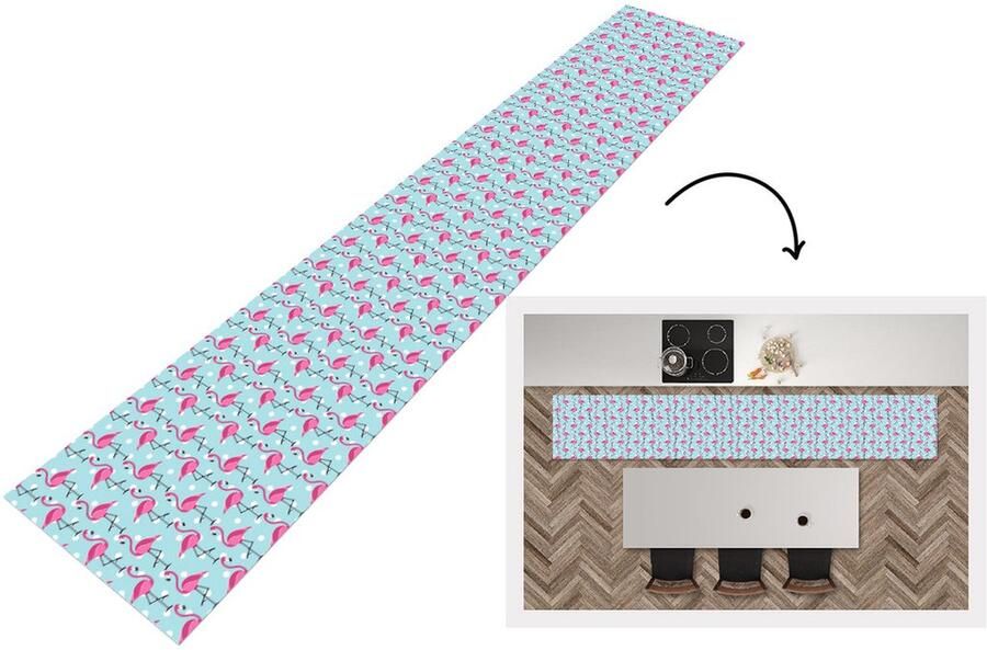 KitchenYeah Keukenloper Keukenmat Flamingo Stippen Dieren Patroon 360x60 cm Keuken vloerkleed