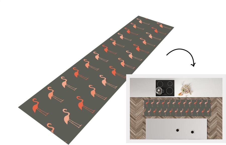 KitchenYeah Keukenloper Loper keuken Flamingo Vogel Patronen 200x50 cm Keukenloper vinyl