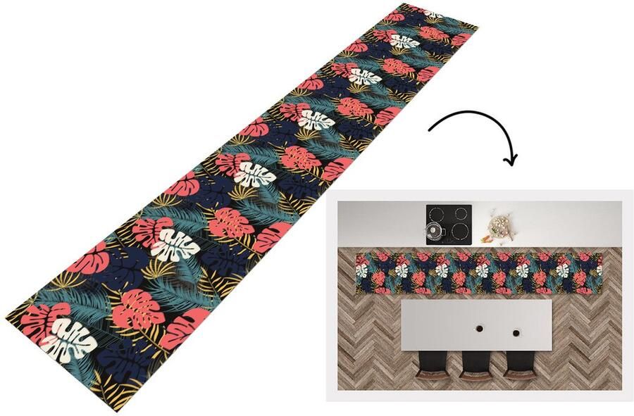 KitchenYeah Keukenloper Keukenmat Flora Goud Patronen Hawaii Tropisch 360x60 cm Keuken vloerkleed