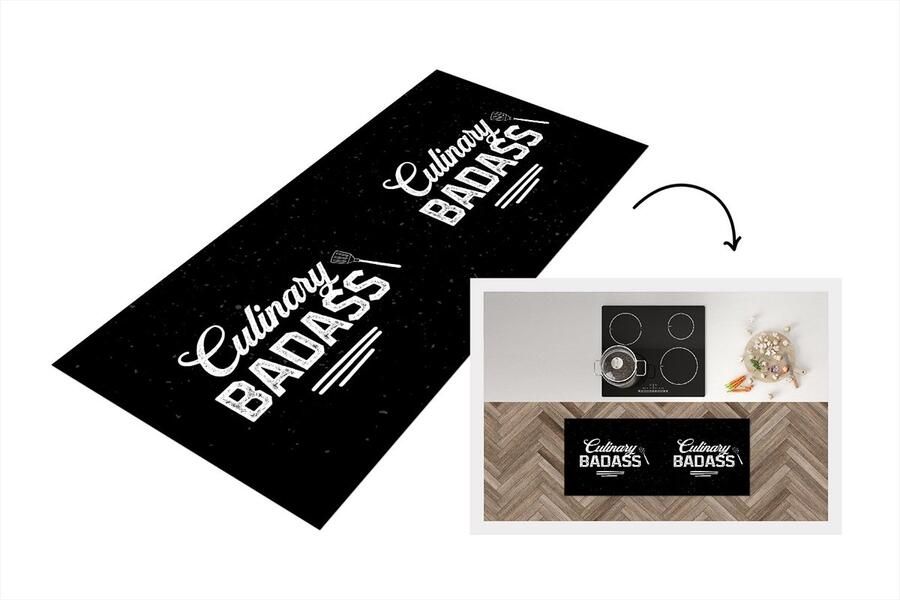KitchenYeah Keukenloper Loper keuken Frituur Barbecue Bakken Culinary Badass Koken Spreuken Voor wie niet kan koken 120x50 cm Keukenloper vinyl
