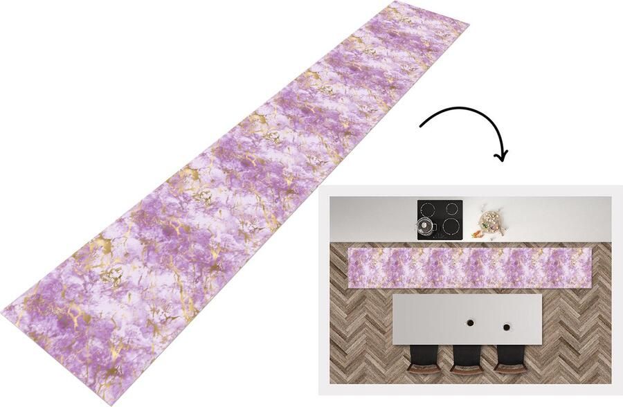 KitchenYeah Keukenloper Keukenmat Gold Marmer Patroon Paars 360x60 cm Keuken vloerkleed