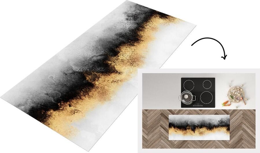 KitchenYeah Keukenloper Loper keuken Goud Chic Abstract Zwart Wit 120x50 cm Keukenloper vinyl
