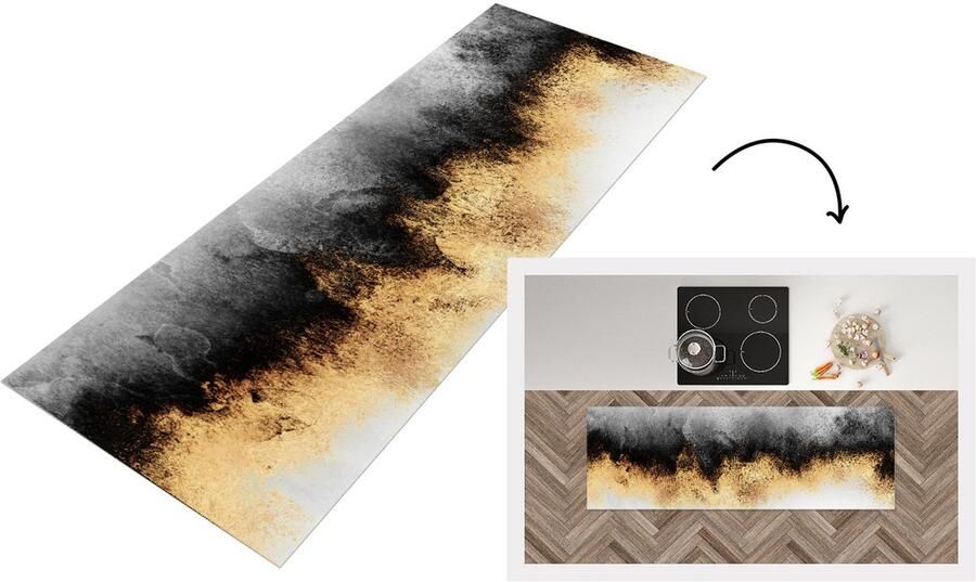 KitchenYeah Keukenloper Loper keuken Goud Chic Abstract Zwart Wit 150x50 cm Keukenloper vinyl
