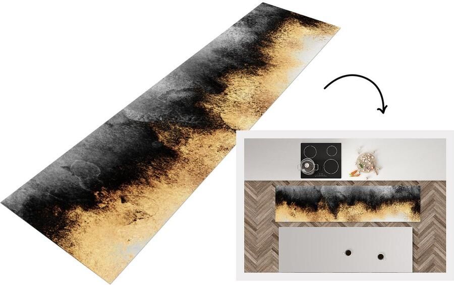 KitchenYeah Keukenloper Loper keuken Goud Chic Abstract Zwart Wit 240x60 cm Keukenloper vinyl