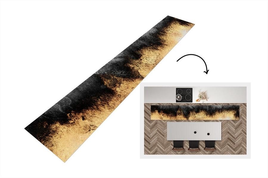 KitchenYeah Keukenloper Loper keuken Goud Chic Abstract Zwart Wit 300x50 cm Keukenloper vinyl