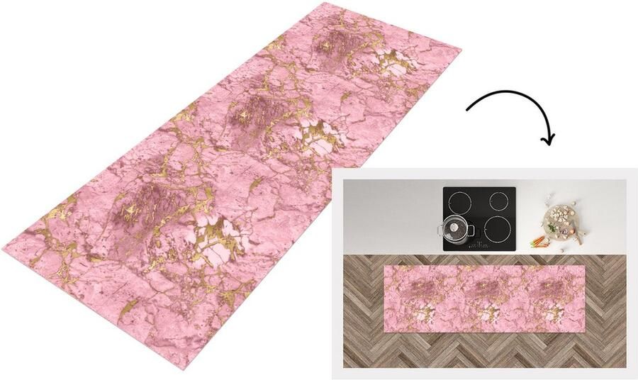 KitchenYeah Keukenloper Loper keuken Goud Marmer Luxe Roze 180x60 cm Keukenloper vinyl