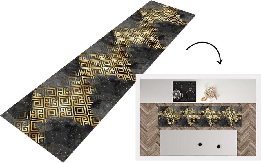 KitchenYeah Keukenloper Loper keuken Goud Marmer Verf Patronen 200x50 cm Keukenloper vinyl