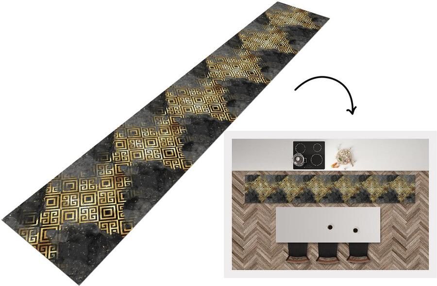 KitchenYeah Keukenloper Keukenmat Goud Marmer Verf Patronen 360x60 cm Keuken vloerkleed
