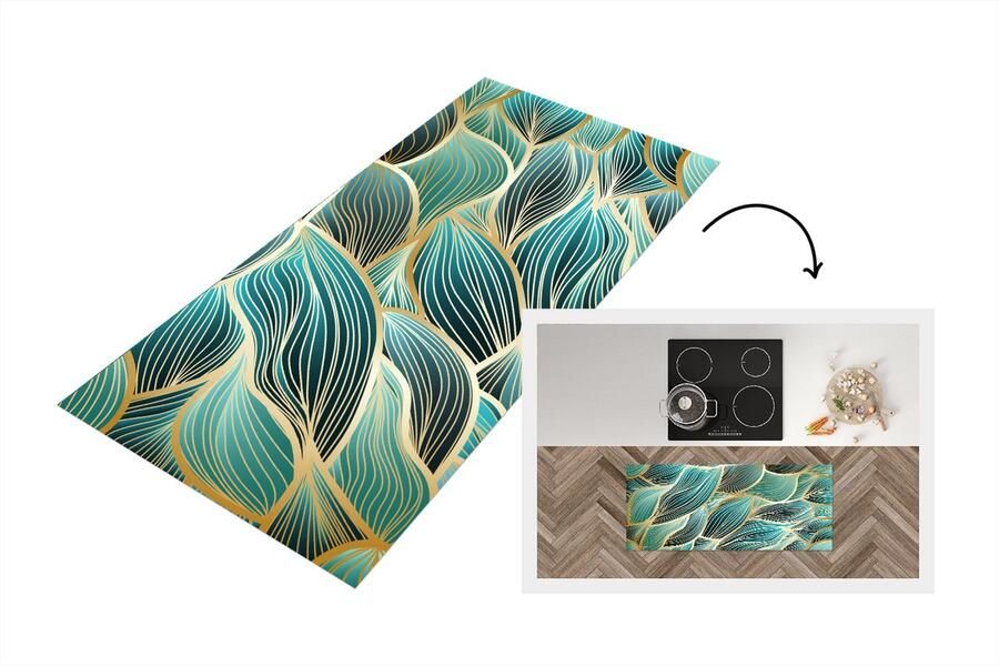 KitchenYeah Keukenloper Loper keuken Gouden golven op een blauwe achtergrond 120x50 cm Keukenloper vinyl