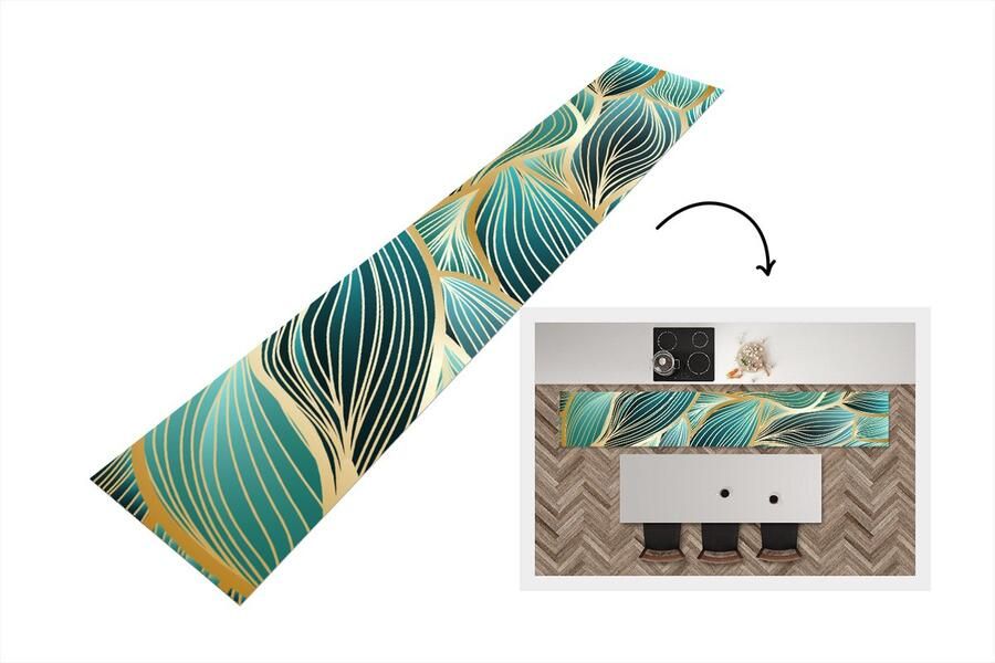 KitchenYeah Keukenloper Loper keuken Gouden golven op een blauwe achtergrond 300x50 cm Keukenloper vinyl