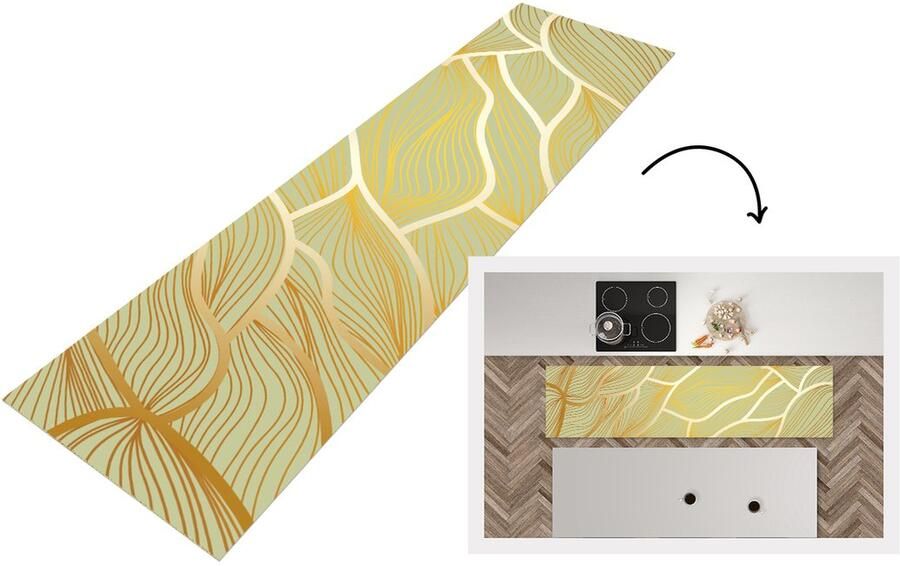 KitchenYeah Keukenloper Loper keuken Gouden golven op een groene achtergrond 200x50 cm Keukenloper vinyl