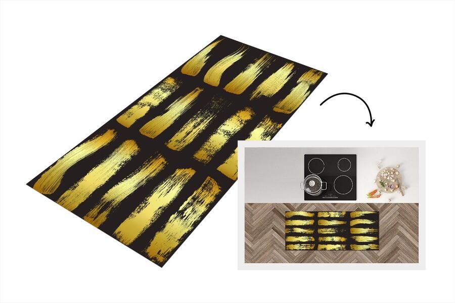 KitchenYeah Keukenloper Loper keuken Gouden strepen op een zwarte achtergrond 120x50 cm Keukenloper vinyl