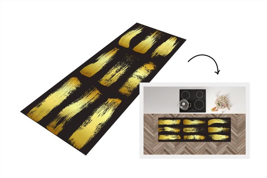 KitchenYeah Keukenloper Loper keuken Gouden strepen op een zwarte achtergrond 150x50 cm Keukenloper vinyl