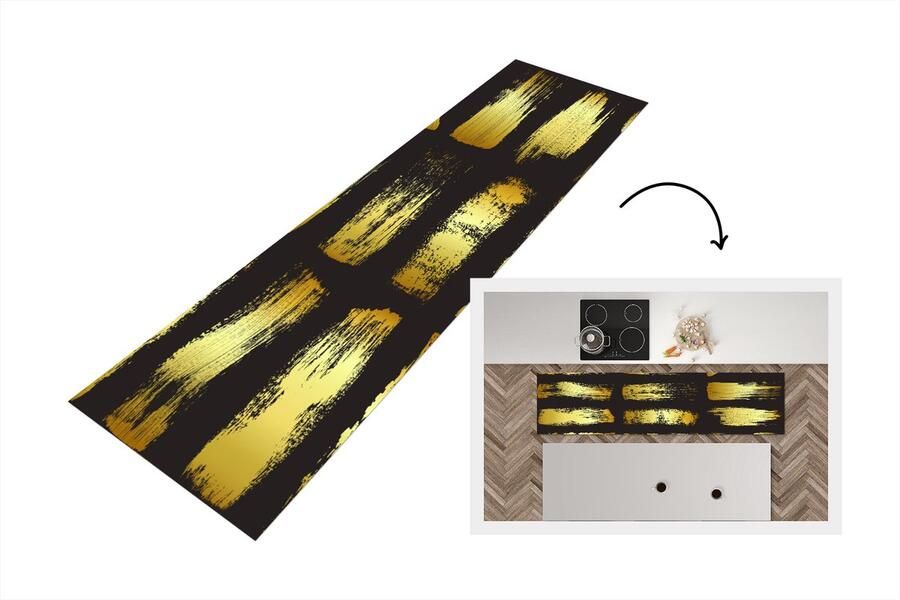 KitchenYeah Keukenloper Loper keuken Gouden strepen op een zwarte achtergrond 200x50 cm Keukenloper vinyl