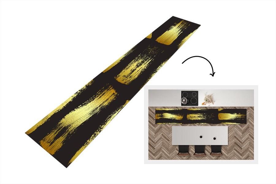 KitchenYeah Keukenloper Loper keuken Gouden strepen op een zwarte achtergrond 300x50 cm Keukenloper vinyl