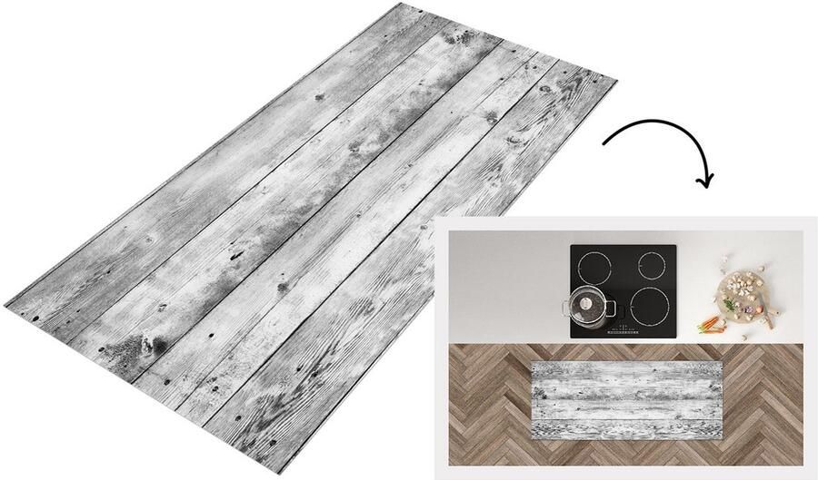 KitchenYeah Keukenloper Loper keuken Grijs Wit Brocante Planken Hout 120x50 cm Keukenloper vinyl