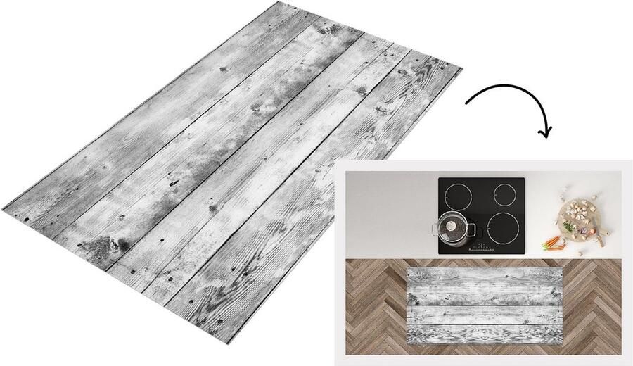 KitchenYeah Keukenloper Loper keuken Grijs Wit Brocante Planken Hout 120x60 cm Keukenloper vinyl