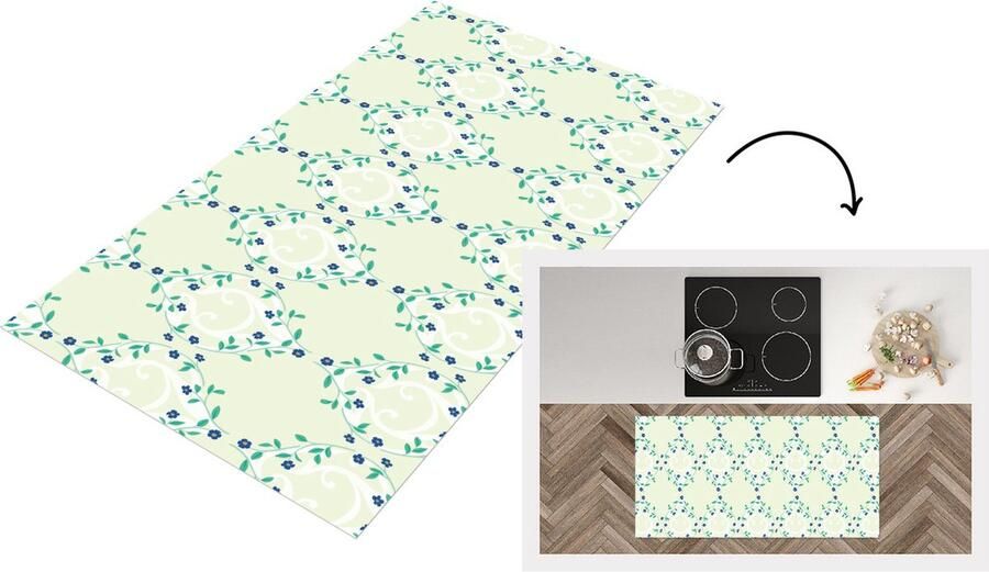 KitchenYeah Keukenloper Loper keuken Groen Blauw Bloem Design 120x60 cm Keukenloper vinyl