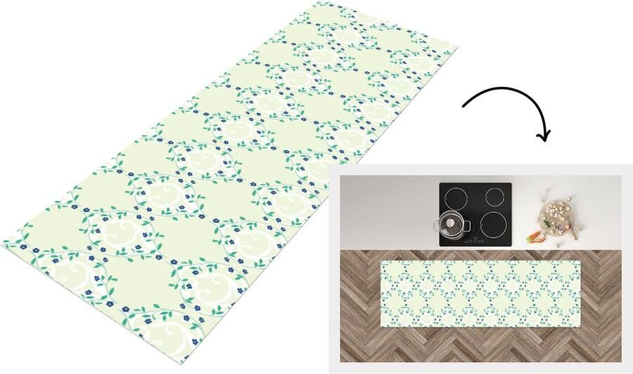 KitchenYeah Keukenloper Loper keuken Groen Blauw Bloem Design 180x60 cm Keukenloper vinyl