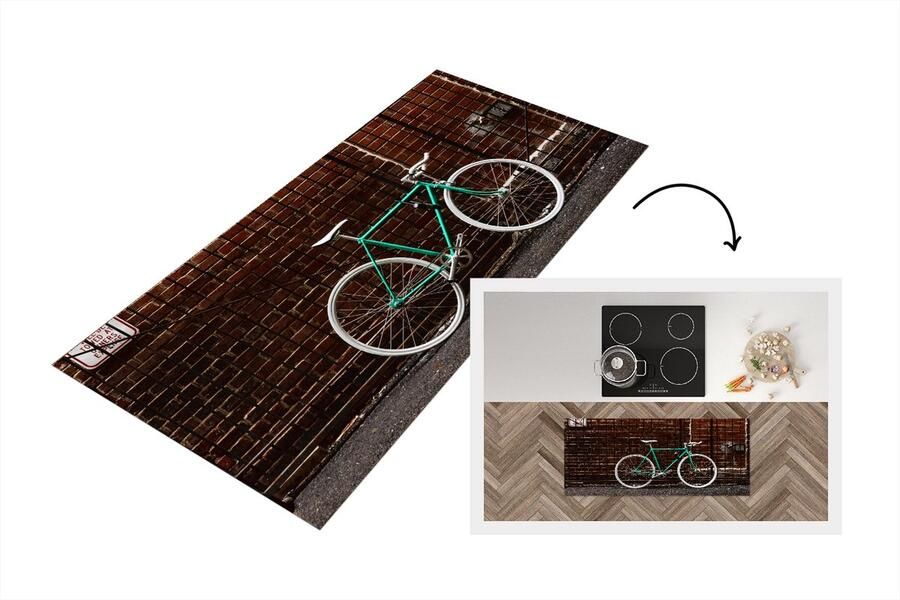 KitchenYeah Keukenloper Loper keuken Groene fiets bij het hek 120x50 cm Keukenloper vinyl