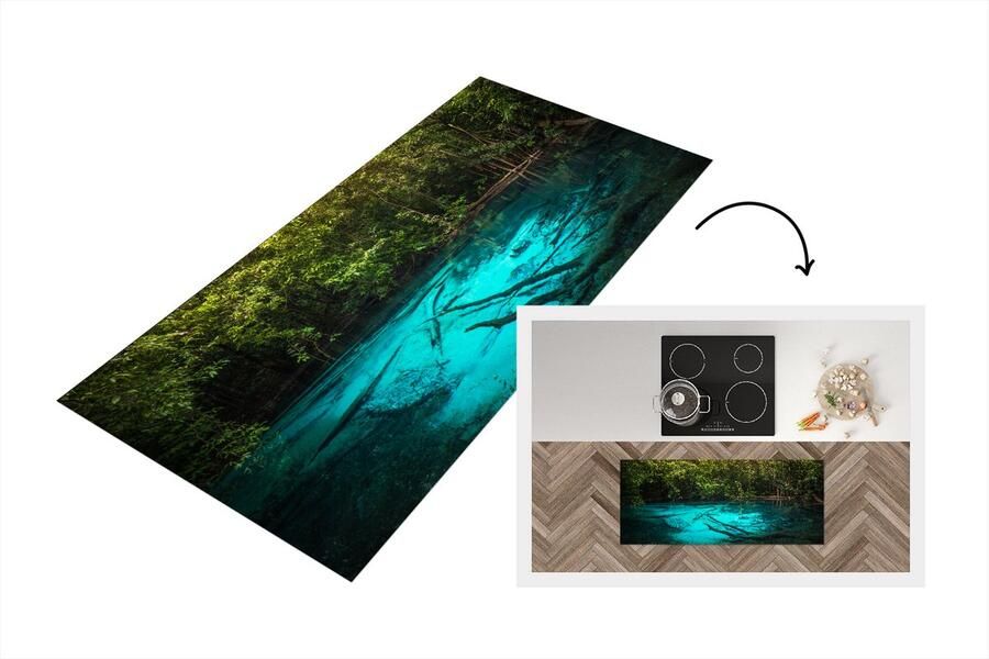 KitchenYeah Keukenloper Loper keuken Helderblauw meer in de jungle 120x50 cm Keukenloper vinyl