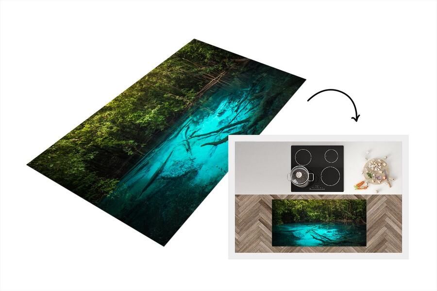 KitchenYeah Keukenloper Loper keuken Helderblauw meer in de jungle 120x60 cm Keukenloper vinyl
