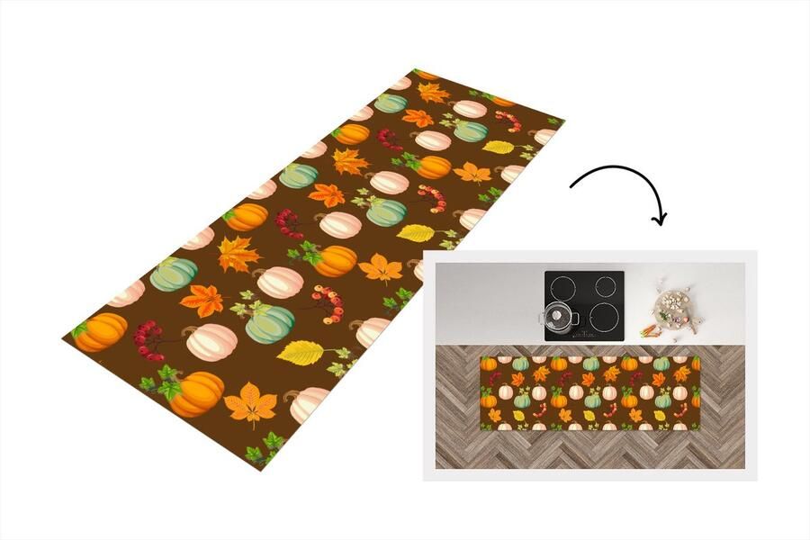 KitchenYeah Keukenloper Loper keuken Herfst Pompoenen Patronen 180x60 cm Keukenloper vinyl