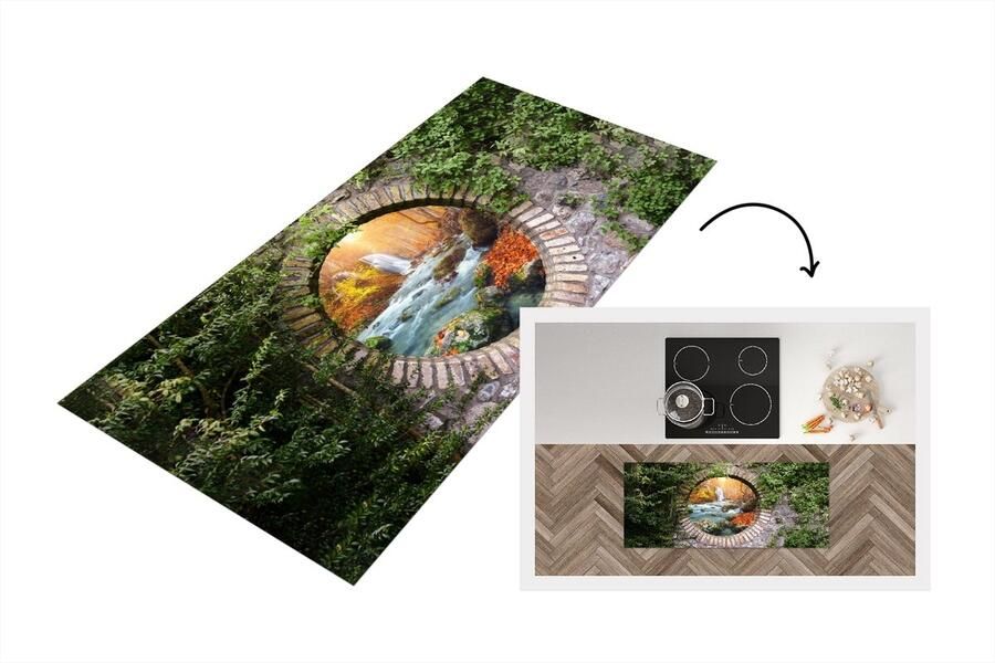 KitchenYeah Keukenloper Loper keuken Herfst Waterval Natuur Doorkijk 120x50 cm Keukenloper vinyl