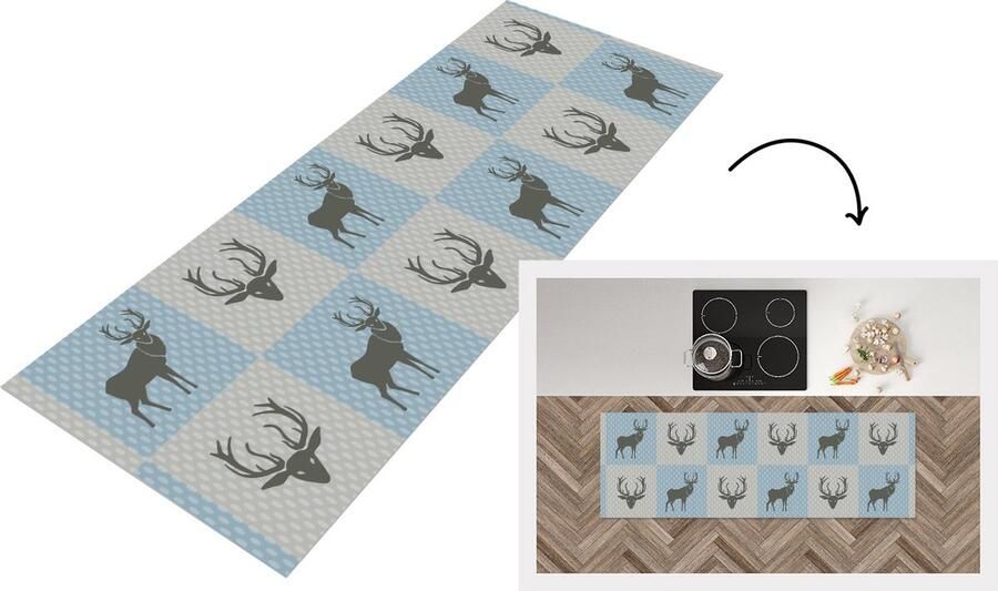 KitchenYeah Keukenloper Loper keuken Hert Stippen Blauw 180x60 cm Keukenloper vinyl