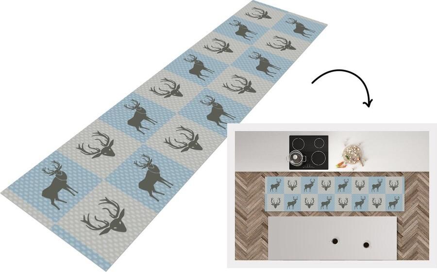 KitchenYeah Keukenloper Loper keuken Hert Stippen Blauw 240x60 cm Keukenloper vinyl