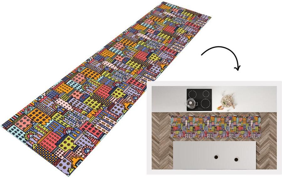 KitchenYeah Keukenloper Loper keuken Huis Regenboog Patroon 200x50 cm Keukenloper vinyl