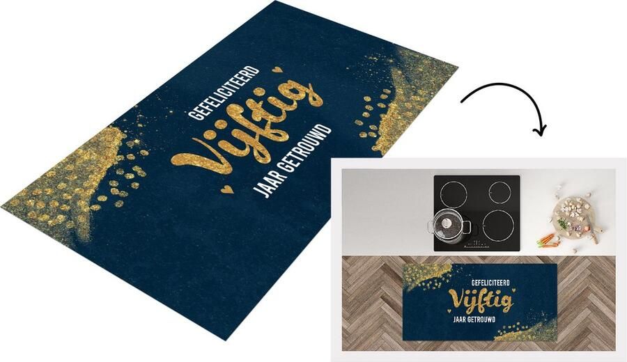 KitchenYeah Keukenloper Loper keuken Huwelijk Gefeliciteerd vijftig jaar getrouwd Goud Spreuken Quotes 120x60 cm Keukenloper vinyl