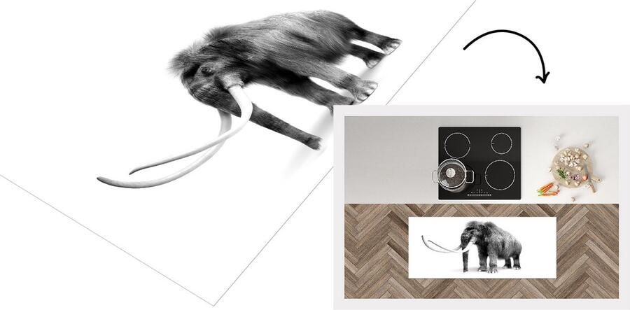 KitchenYeah Keukenloper Loper keuken Illustratie van een Mammoet zwart wit 120x50 cm Keukenloper vinyl