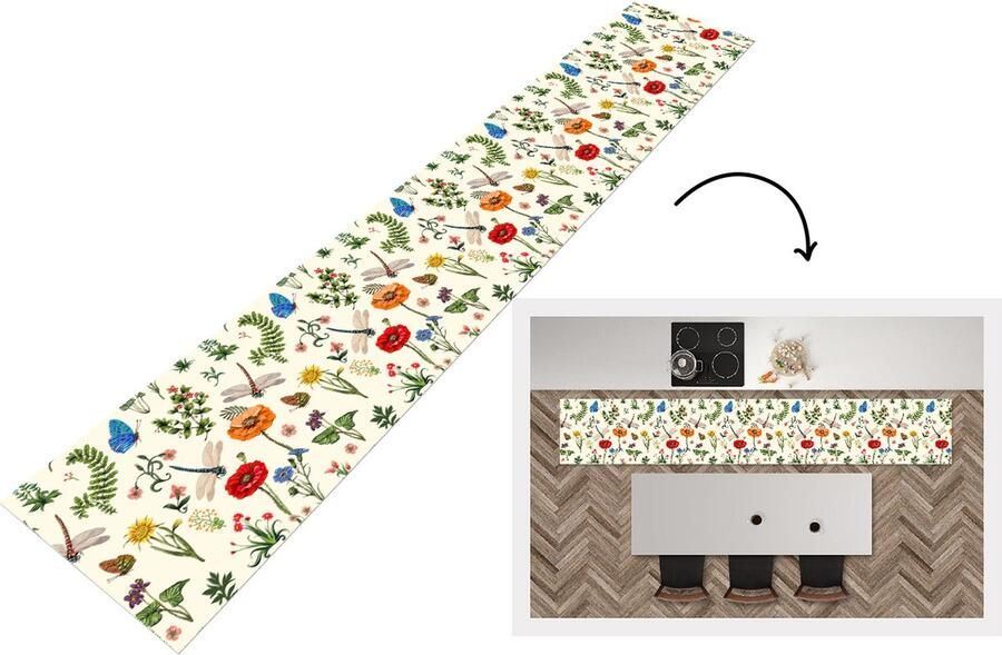 KitchenYeah Keukenloper Keukenmat Insecten Bloemen Zomer Regenboog Patroon 360x60 cm Keuken vloerkleed