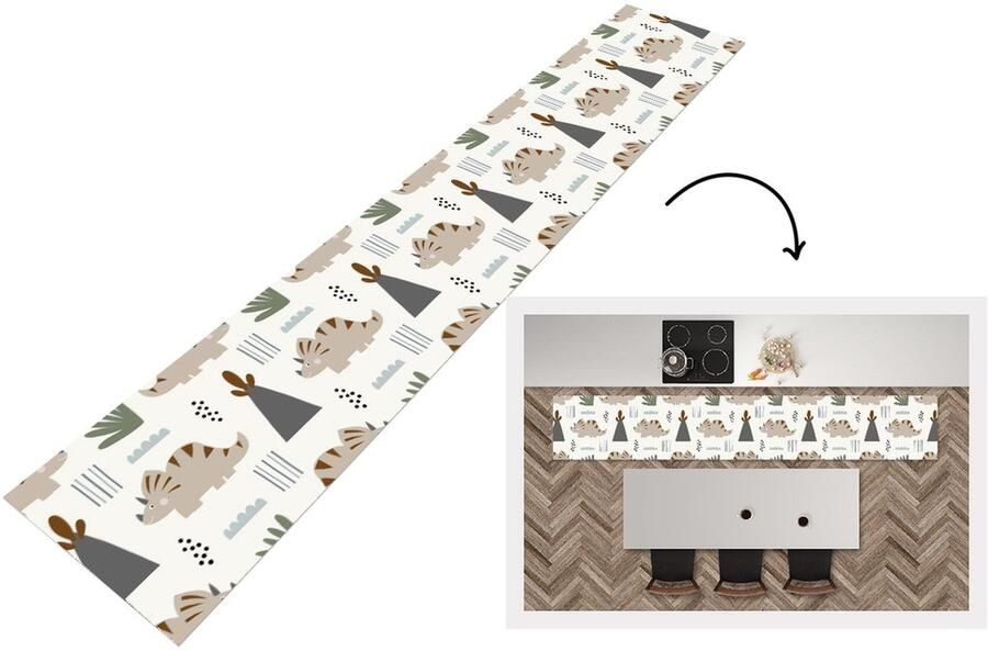 KitchenYeah Keukenloper Keukenmat Jongens Kinderen Patroon Dinosaurus 360x60 cm Keuken vloerkleed