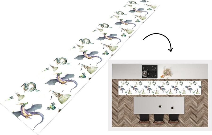 KitchenYeah Keukenloper Keukenmat Jongens Patronen Draak Kasteel 360x60 cm Keuken vloerkleed