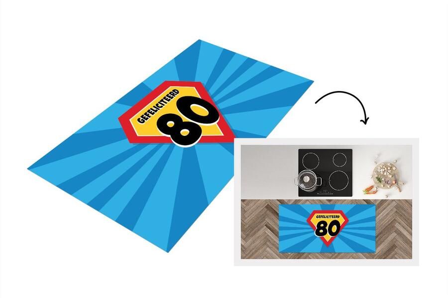 KitchenYeah Keukenloper Loper keuken Jubileum 80 jaar verjaardag Superheldencape 120x60 cm Keukenloper vinyl
