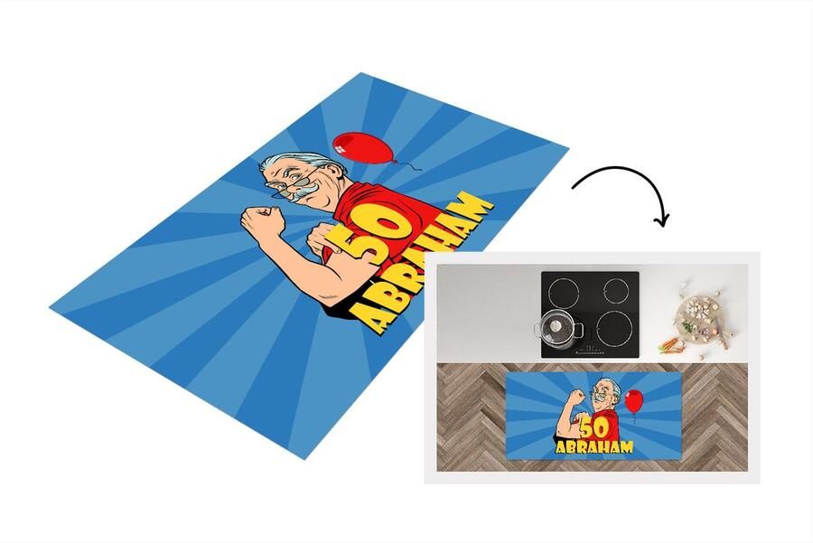 KitchenYeah Keukenloper Loper keuken Jubileum cadeau 50 jaar versiering Ballon Man Abraham 120x60 cm Keukenloper vinyl