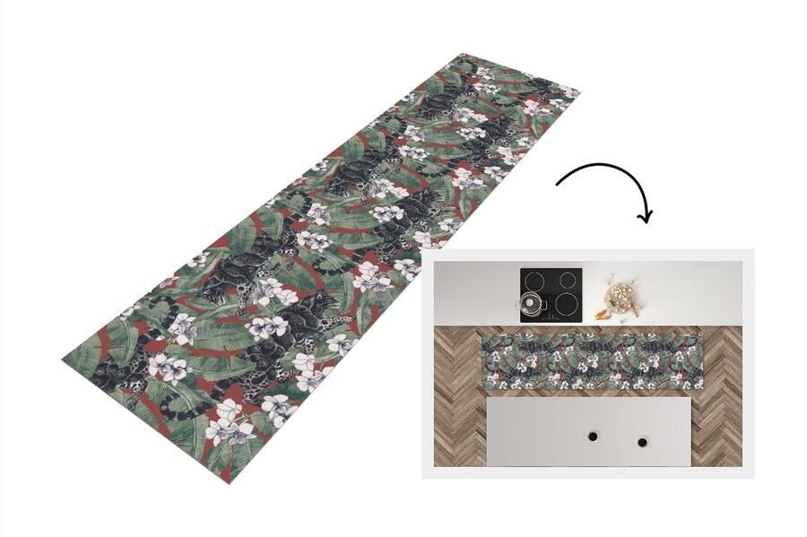 KitchenYeah Keukenloper Loper keuken Jungle Bloem Panter Patronen 240x60 cm Keukenloper vinyl